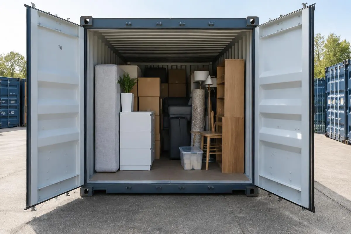 Shipping container storage unit with furniture and boxes